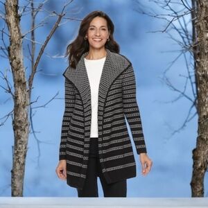 Dana Buchman Black and White Multi Stripe Cotton Longline Cardigan Small.